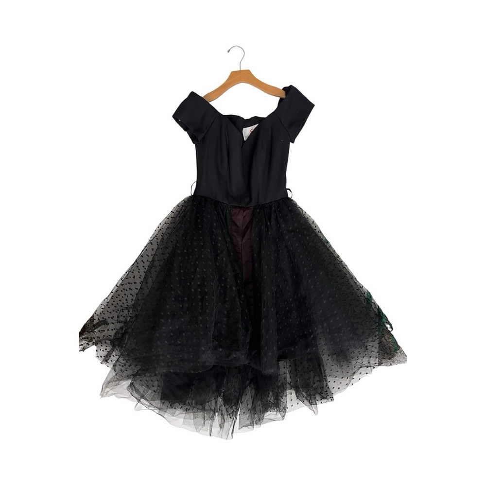 VTG 80s En Francais Huey Waltzer Whimsigoth Black Tulle Dress Off Shoulder Sz 6